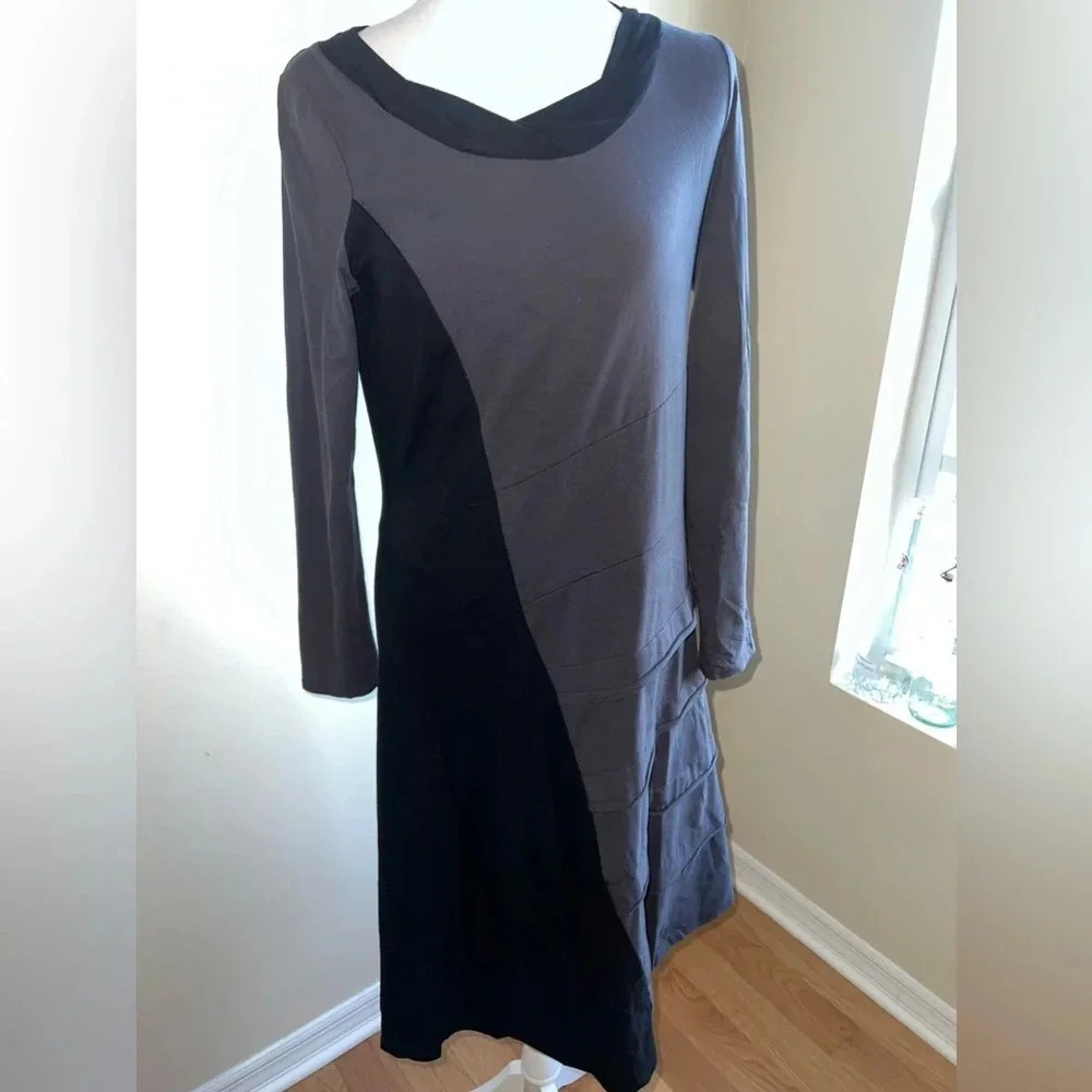 Aimee G. Grub Lagenlook Asymmetrical Black Gray Midi Dress Art To Wear Quiet Lux
